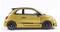A small yellow car with a sporty design profile, showcasing a black stripe with the word 'Abarth' on the side, black wheels, and a rear spoiler.