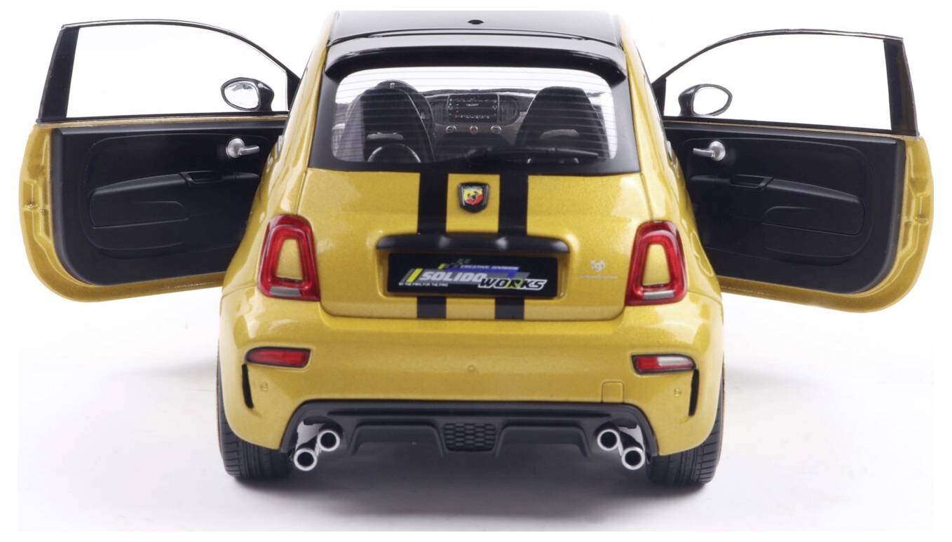 A yellow car viewed from the back, with both rear doors open, showcasing a sporty design with dual exhaust pipes and black stripes.