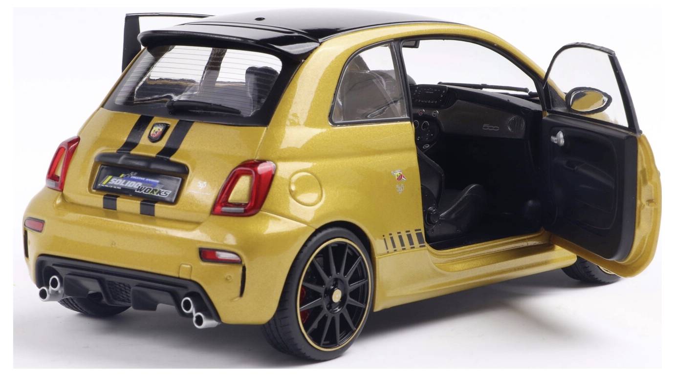 A yellow compact car with black stripes shown from the rear, highlighting its sporty design. The driver's side door is open.
