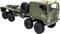A detailed toy model of a military-style heavy-duty truck in olive green, featuring large off-road tires, orange warning lights, and visible text and logos on the side.