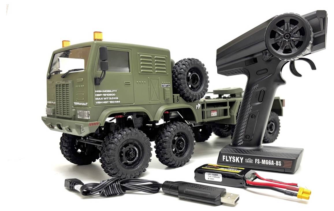 A green remote-controlled off-road truck with spare tires is displayed alongside a black remote control, charging cable, and battery.