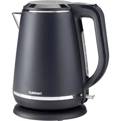 A black electric kettle with a handle and a spout, labeled 'Cuisinart'. It has a base and water level indicator on the side.