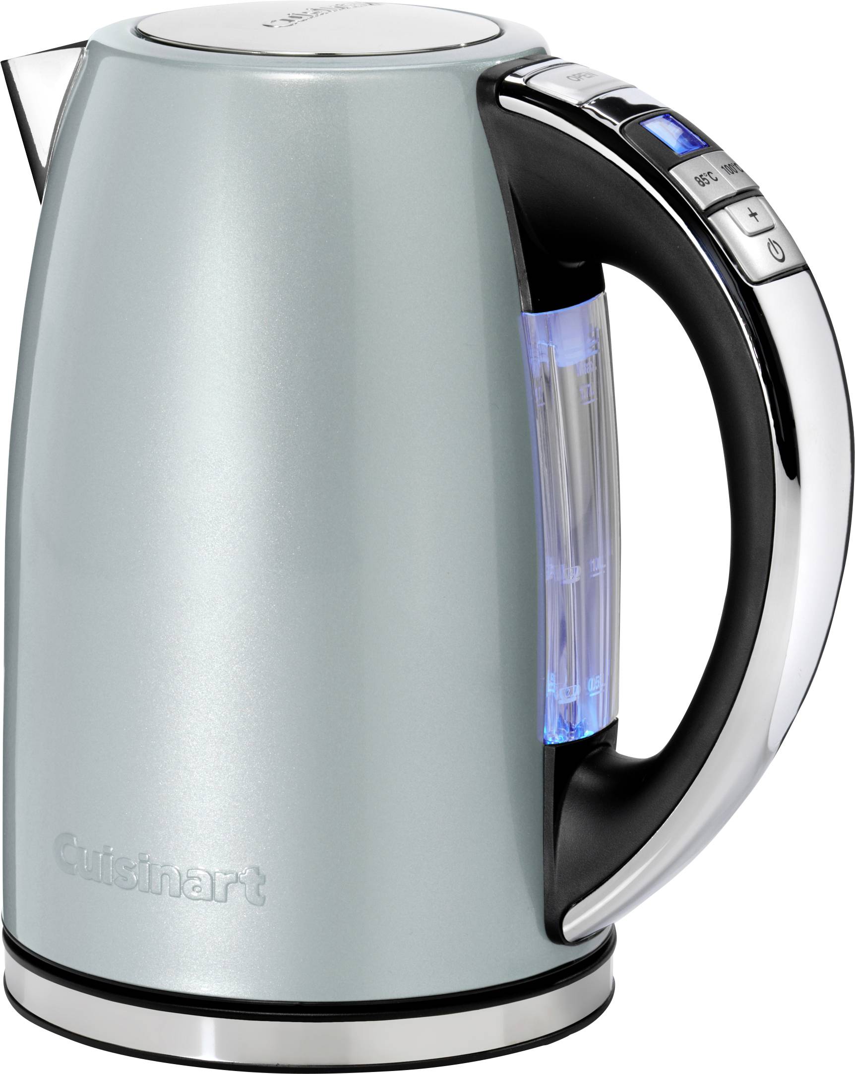 'Electric kettle with digital temperature display and sleek metallic design.'