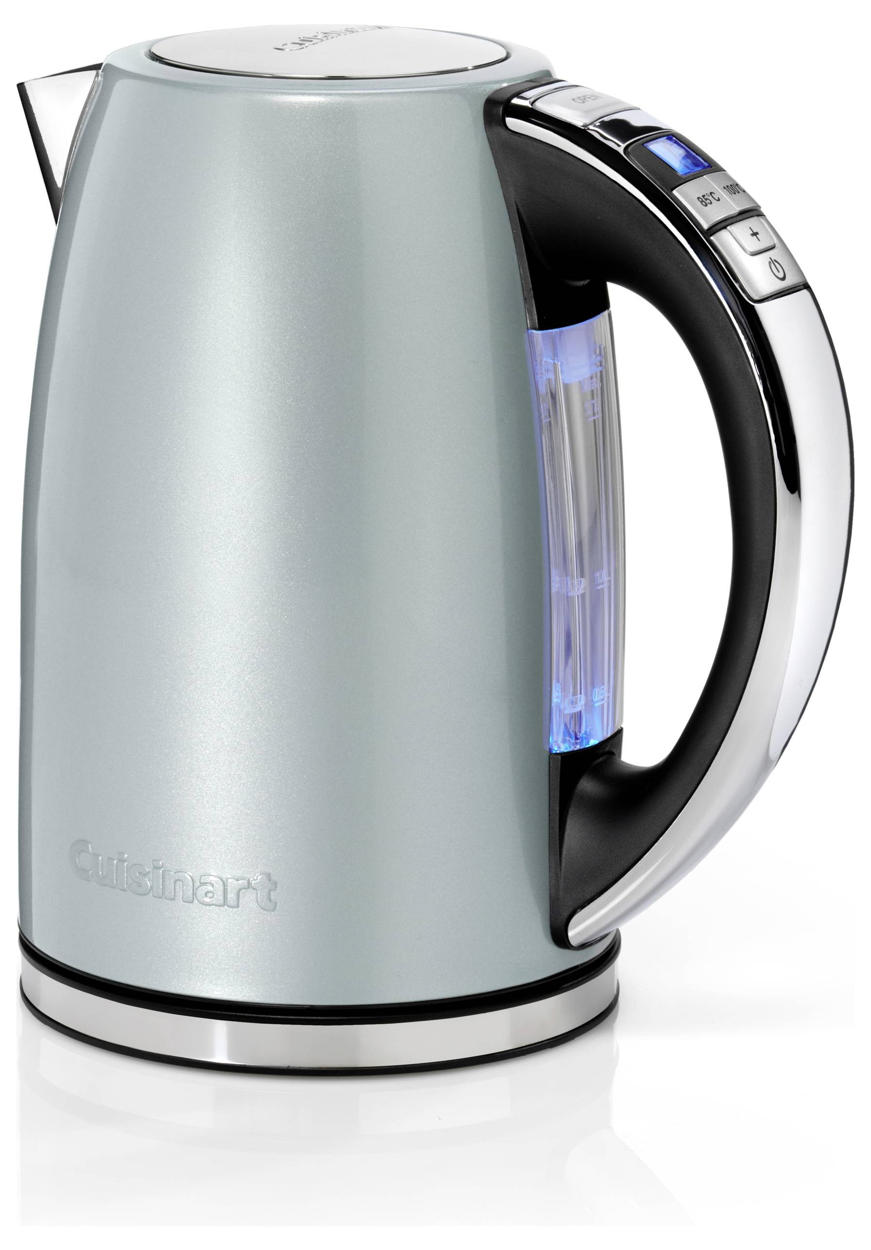 Silver electric kettle with a digital display on the handle, showing temperature settings. The water level indicator is illuminated in blue.