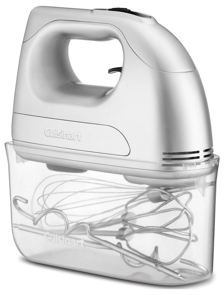 A silver handheld mixer with a clear storage case containing beaters and attachments, designed for easy kitchen mixing and storage.