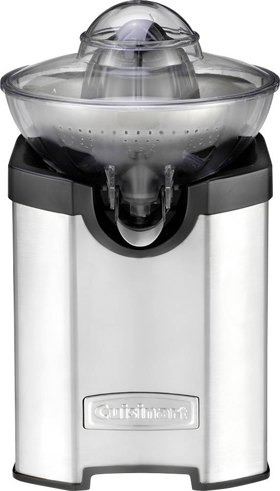 A stainless steel electric citrus juicer with a clear plastic cover and branded front, designed for easy manual pressing of citrus fruits.