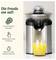 Juicer on table with glass of orange juice. Text: 'The joy of juice'. Symbols: Citrus fruit, One-touch operation, Stainless steel.