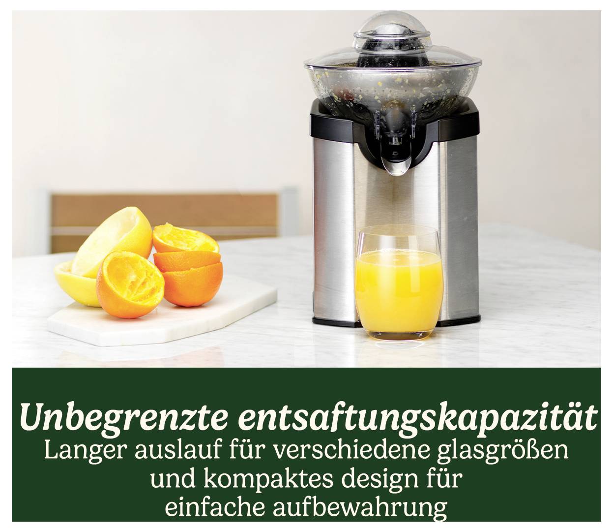 Juicer on a table with oranges and freshly squeezed juice beside it. Text: 'Unlimited juicing capacity'.