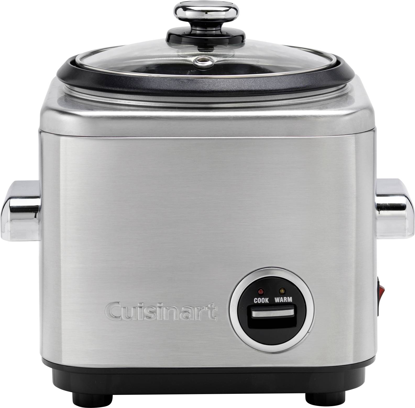 A Cuisinart rice cooker with stainless steel exterior and see-through lid. It has cook and warm settings with a front-facing control switch.