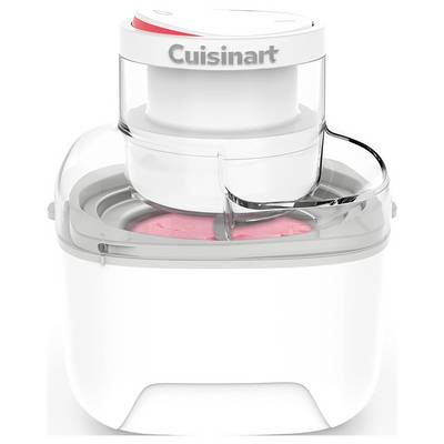 Cuisinart ice cream maker with a transparent lid showing pink ice cream inside the mixing bowl.