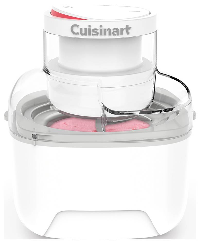 A white Cuisinart ice cream maker with visible pink ice cream mixture inside. The lid and compact design are highlighted.