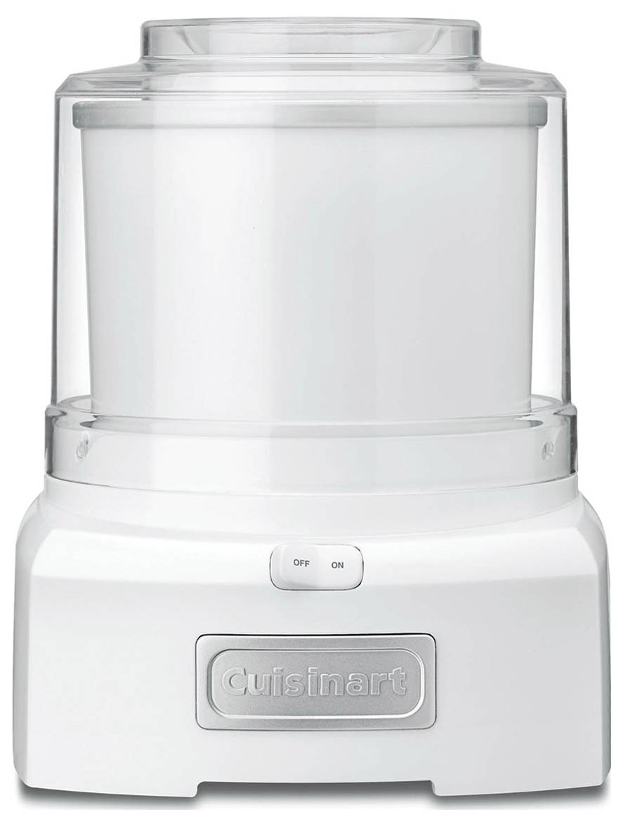 White ice cream maker with a clear lid, featuring an 'On/Off' switch and branded with 'Cuisinart' on the front.