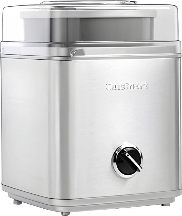 A stainless steel ice cream maker with a clear lid and a dial on the front for operation.