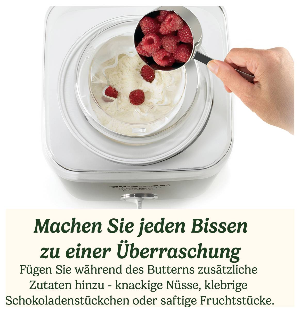 A hand adds raspberries to vanilla ice cream in an ice cream machine. Text: 'Make every bite a surprise', followed by ingredient information.