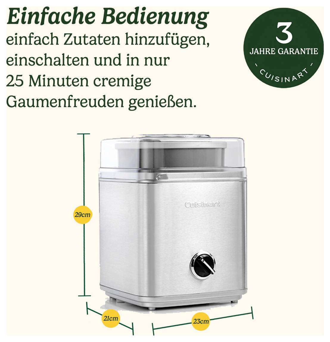 'Simple Operation: Add ingredients, switch on and enjoy creamy dishes in 25 minutes. 3 years' warranty.'