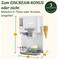 Ice cream machine with cone attachment and measuring guide. Text in German about serving in cones or cups. Highlights 3-year warranty.
