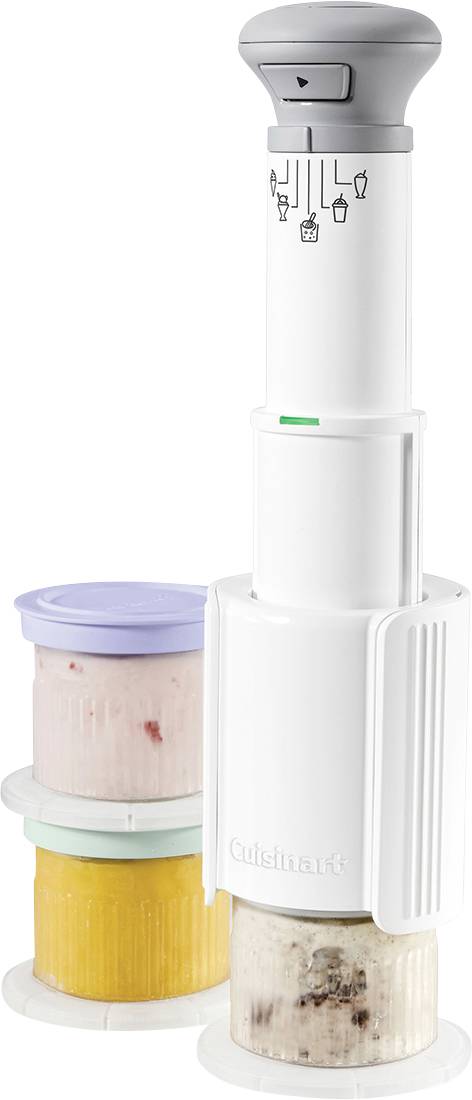 A white ice cream maker with a plunger handle, showing dessert containers in various colors: purple, yellow, and white with visible contents.
