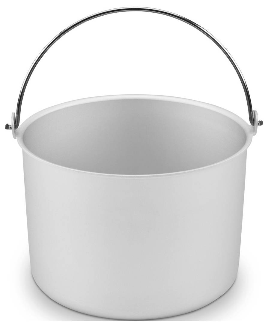 A plain white metal bucket with a metallic handle is shown against a white background.