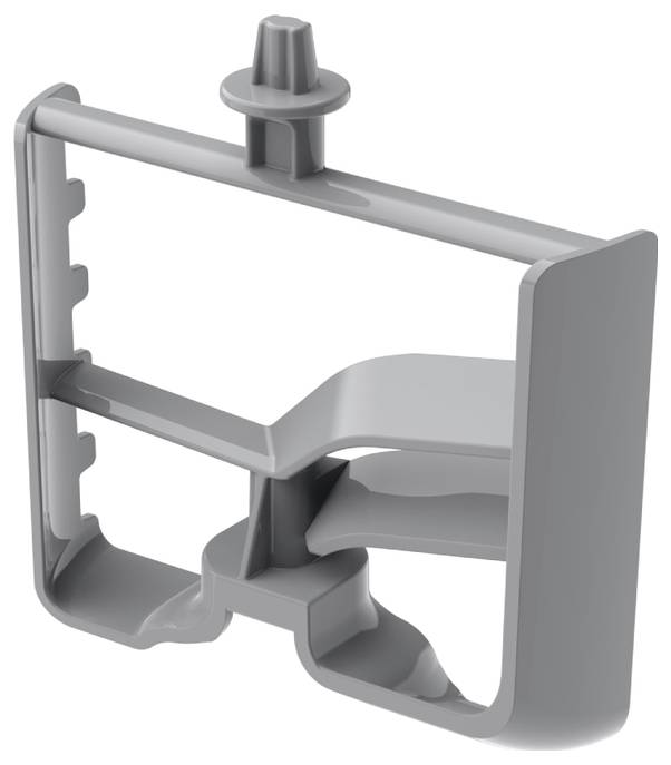 A gray plastic tool with a hook and narrow slots, designed for holding or organizing small cables and wires.