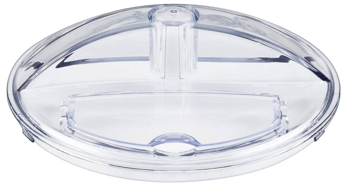 A clear, round plastic lid with two compartments, designed to fit over a container, featuring a central handle for easy lifting.