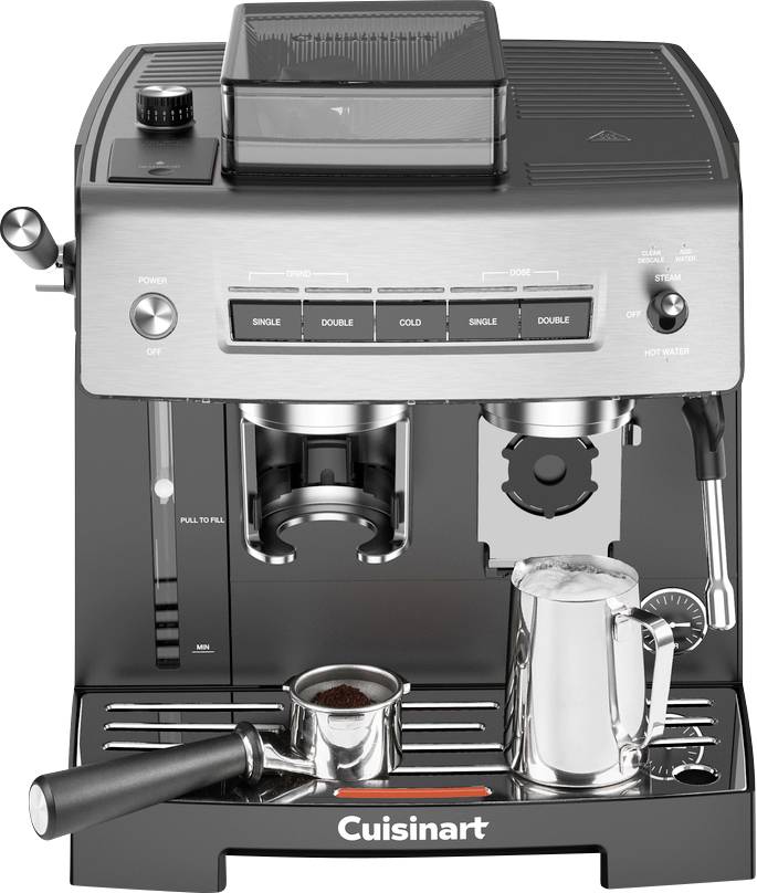 A metal espresso machine with a portafilter and milk frother. Buttons labeled 'Single' and 'Double' for hot or cold drinks are visible.