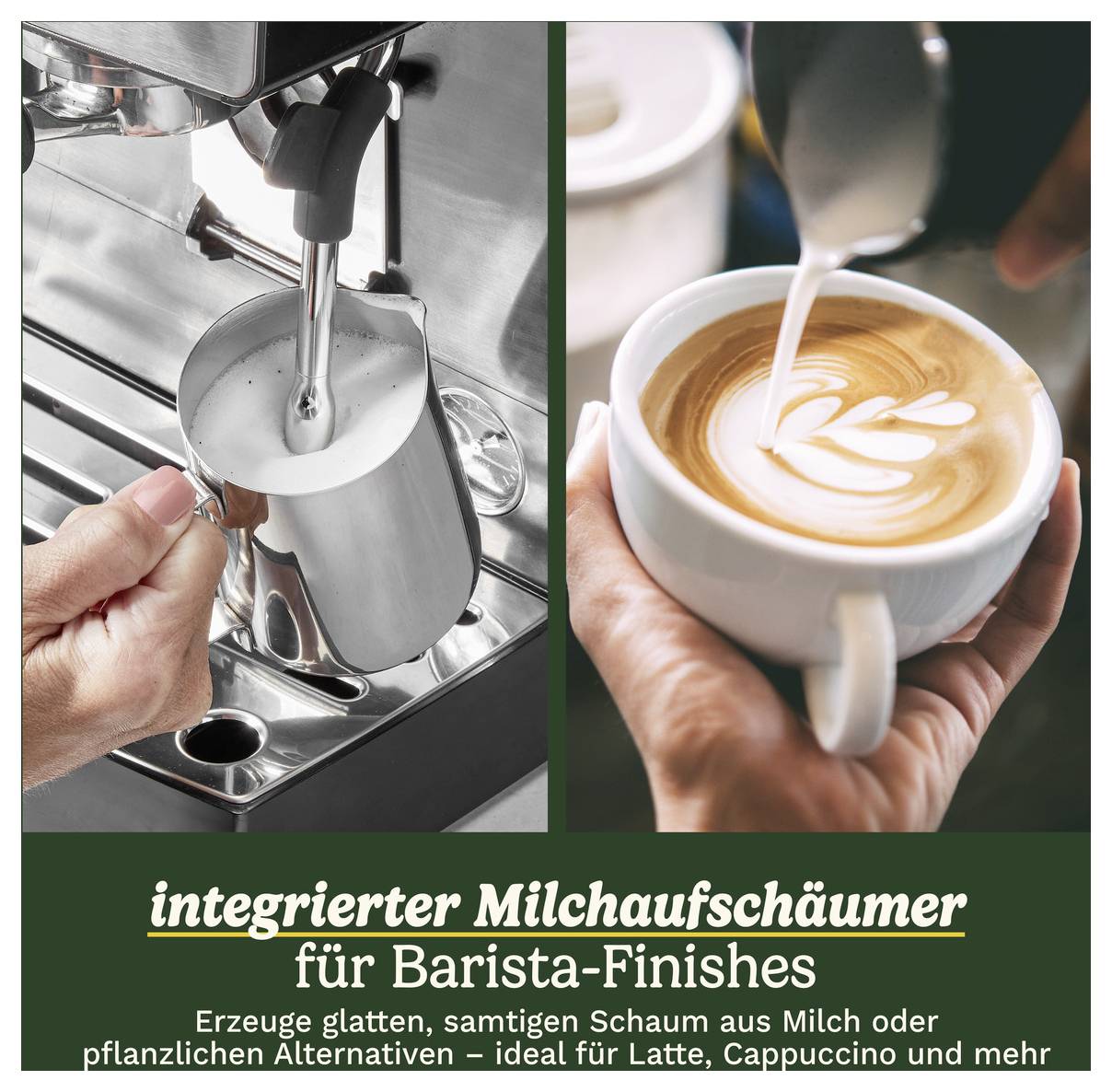 'Integrated Milk Frother for Barista Finishes.' Left: Metal frother produces foam. Right: Latte art with floral pattern on coffee.