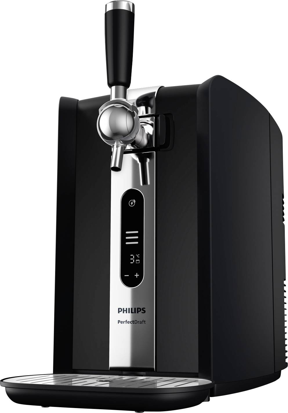 Philips PerfectDraft beer dispenser in black, featuring a tap handle for pouring and a digital temperature display.