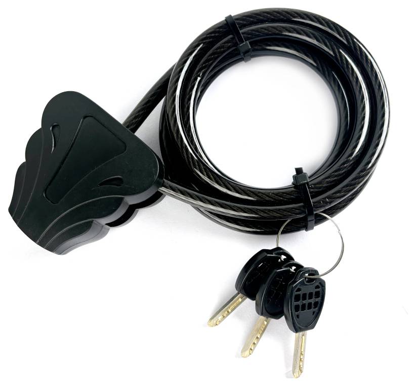 A coiled black cable lock with an attached lock mechanism and three keys on a ring.