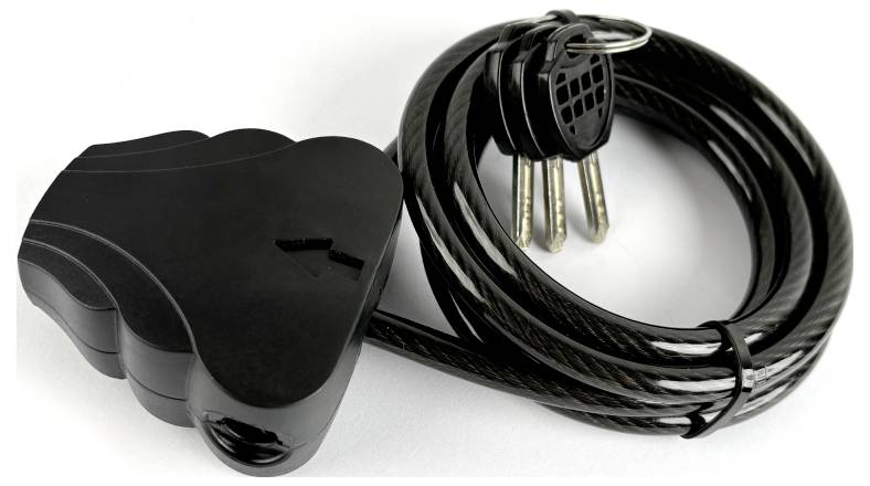 A black cable lock with three attached keys, coiled neatly. The lock features a sleek, rounded design, suggesting use for securing items.