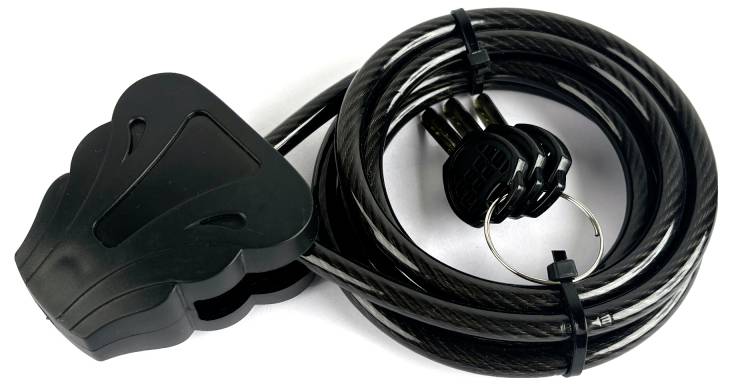 A coiled black cable lock with a clamshell-shaped lock mechanism and attached keys on a ring, used for securing bicycles.