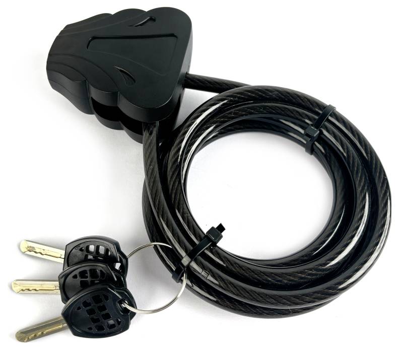 A black bike lock with a coiled cable alongside two keys on a keyring, designed for securing bicycles.