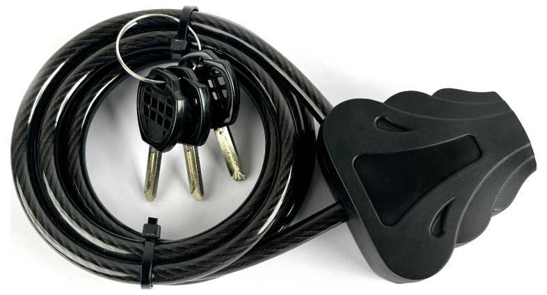 A coiled bicycle lock with a black casing and three silver keys on a keyring.