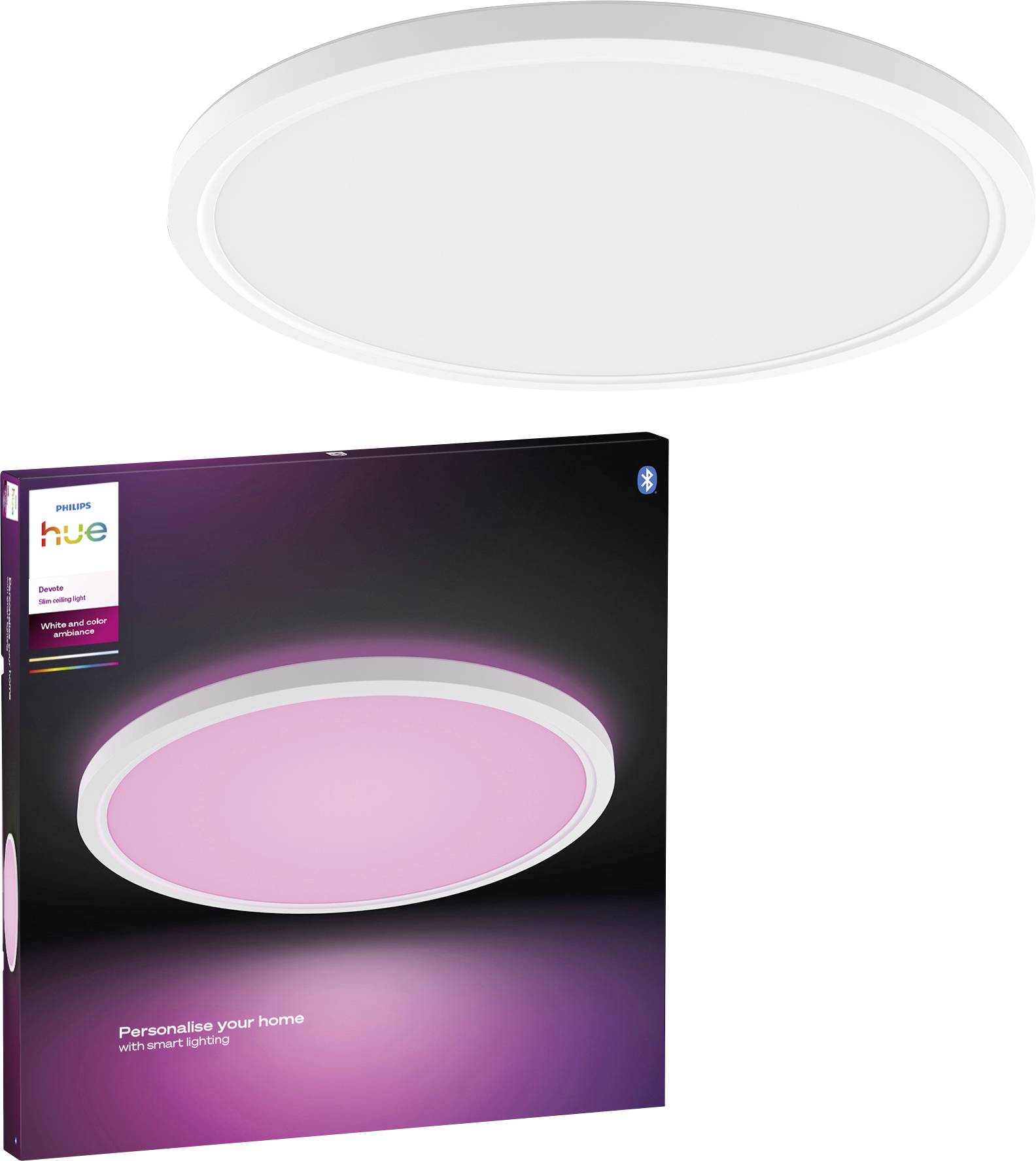 Philips Hue smart ceiling light in white and pink, with packaging showcasing customizable lighting for home personalization.