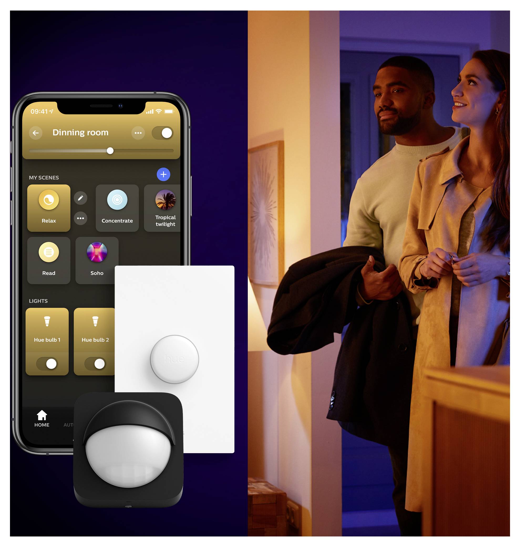 A phone displays a smart home lighting app with options like 'Relax' and 'Sofa'. A couple enters a warmly lit room, smiling.