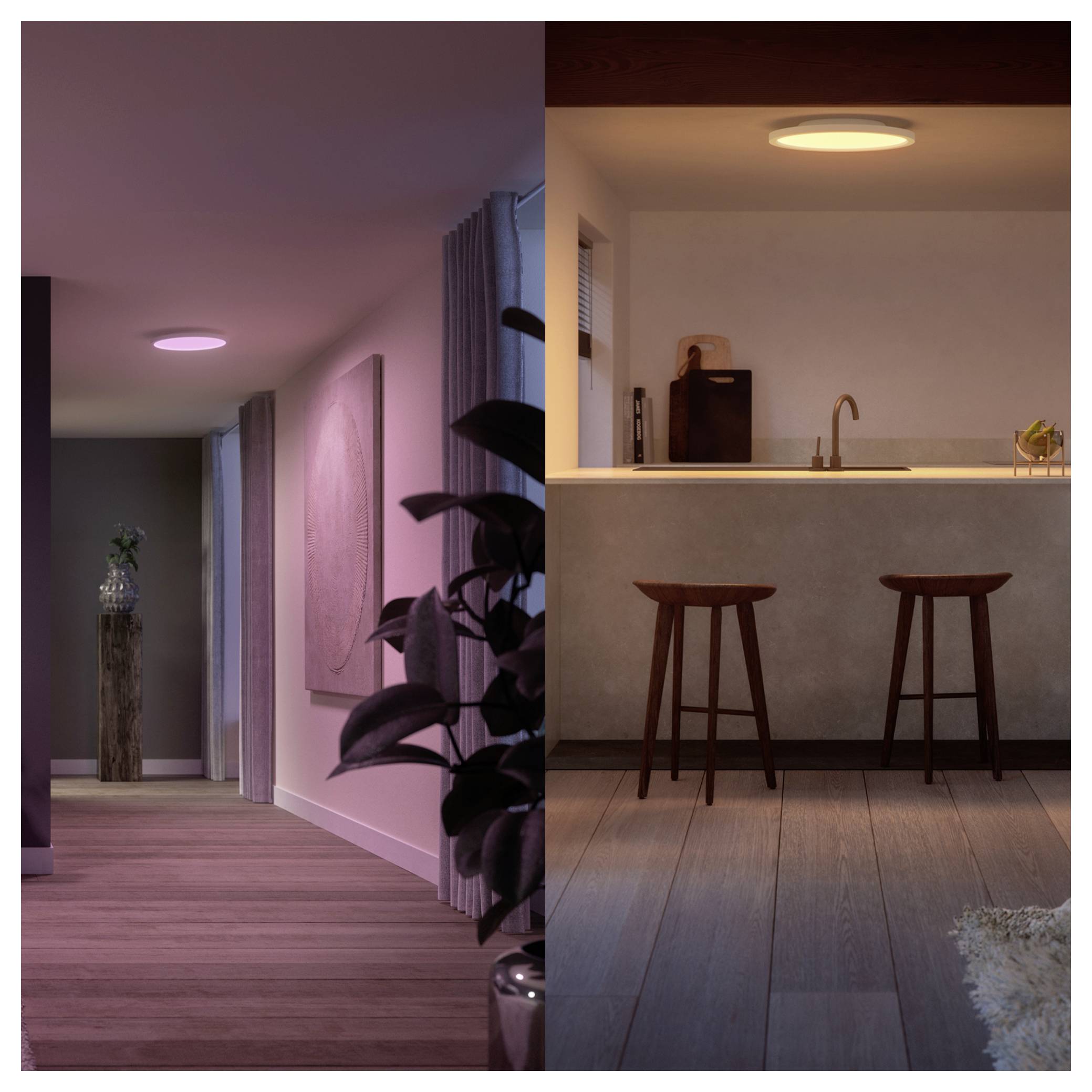 A cozy living space split into two lighting scenes: left with purple accent light, and right with warm, soft lighting over a bar area.