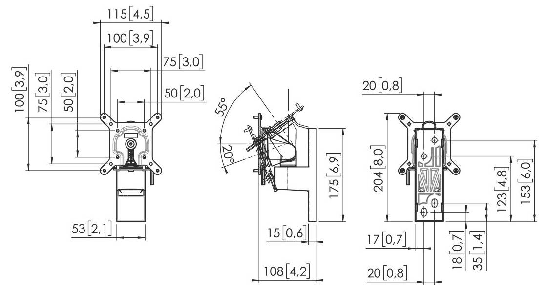 Technical drawing of a mechanical bracket with dimensions and angles. Shows front, side, and top views, emphasizing hinge movement.