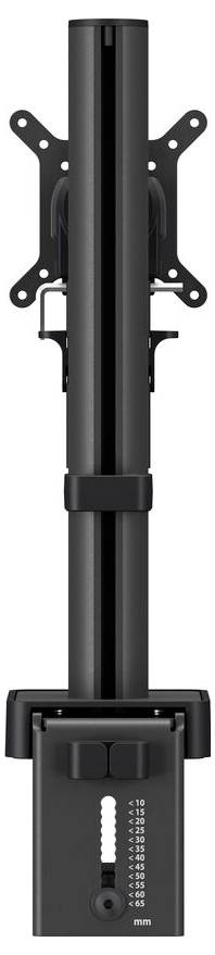 A black adjustable TV or monitor wall mount bracket with a pole, base, and mounting attachments. Suitable for home or office use.