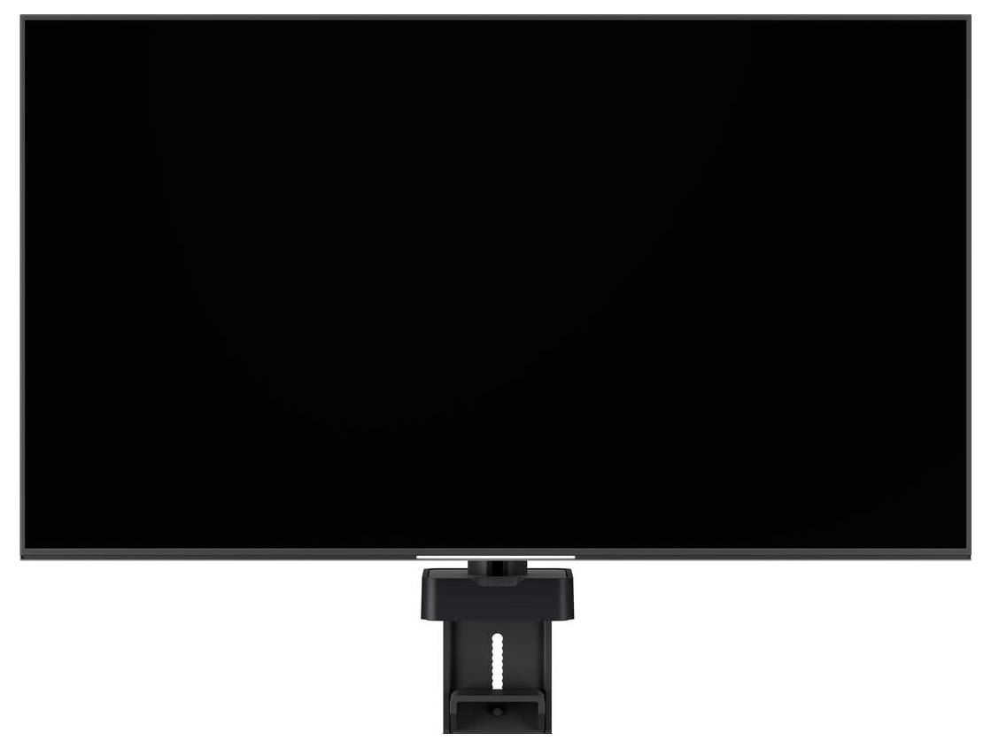 A large, black, rectangular screen mounted on a black stand, with no visible content displayed.