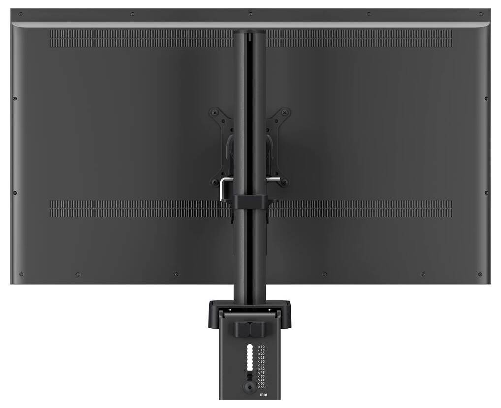 Back view of two black monitors mounted on a single vertical stand, showing the mounting brackets and stand attachment.