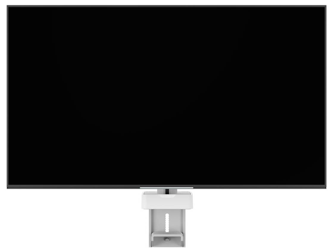 A large black monitor mounted on a white adjustable stand, viewed from the front.