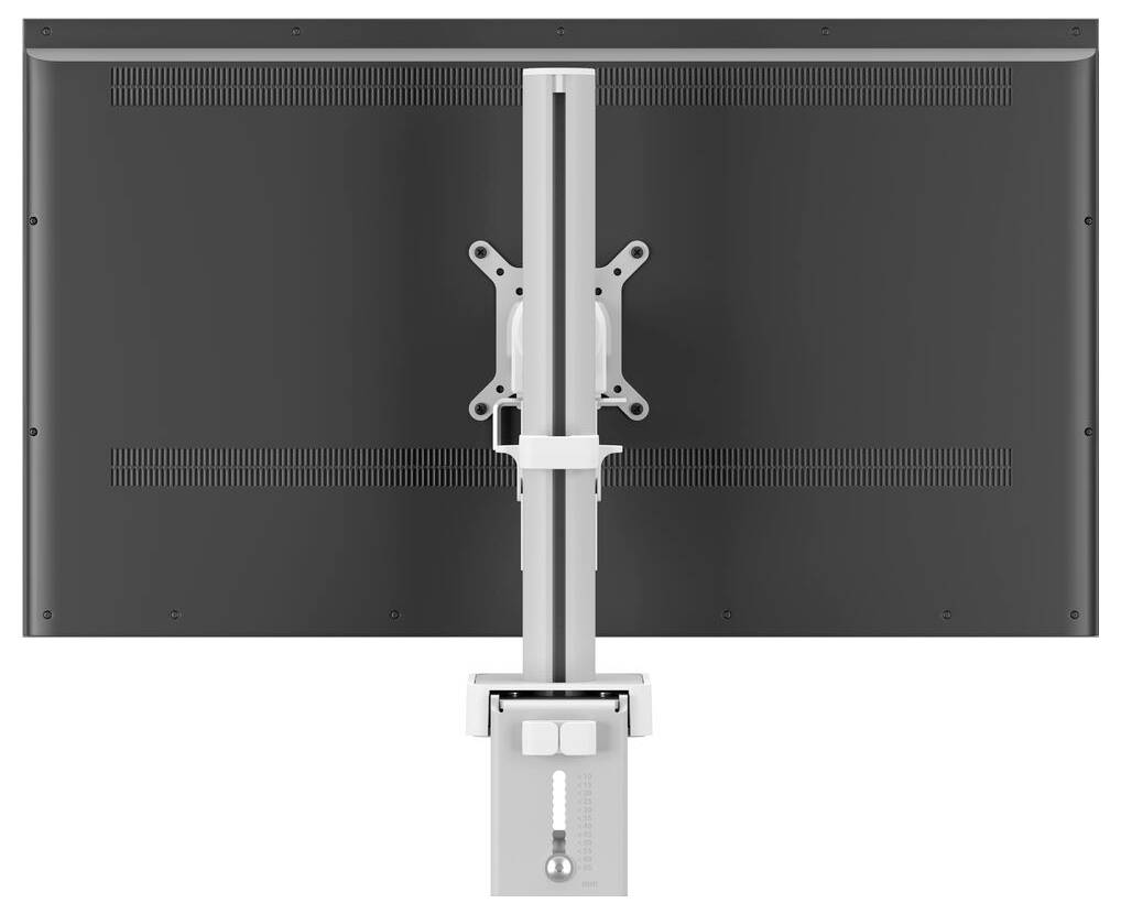 'Monitor mounted on adjustable stand, viewed from the back, showing mounting bracket and cable management design.'