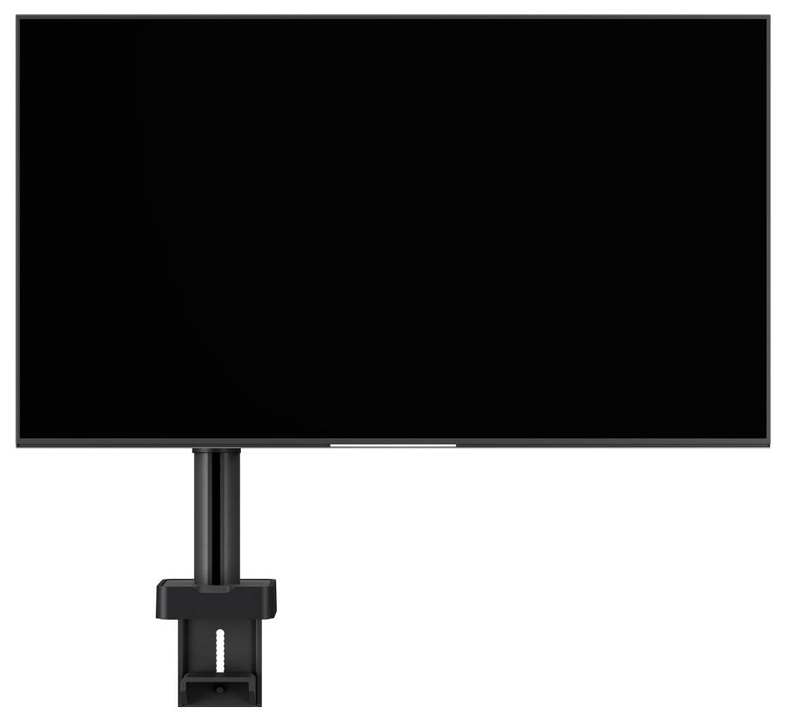 A black monitor mounted on a stand with a clamp.