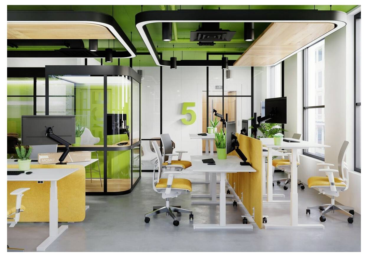 A modern office space with green accents, adjustable desks, ergonomic chairs, and large windows, featuring a bold number '5' on the wall.