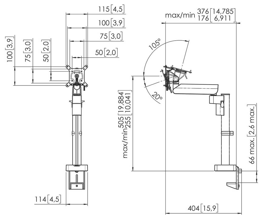 Technical diagram of a monitor arm mount with detailed measurements in millimeters, illustrating adjustable angles and extension lengths.