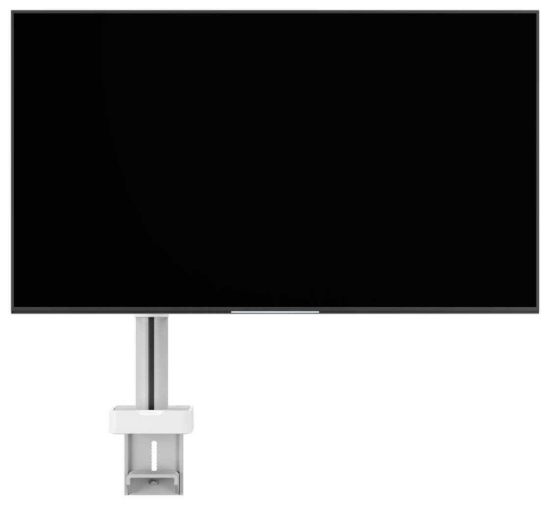 A large, wall-mounted flat-screen TV with a black screen is visible. It is supported by a white adjustable arm bracket.