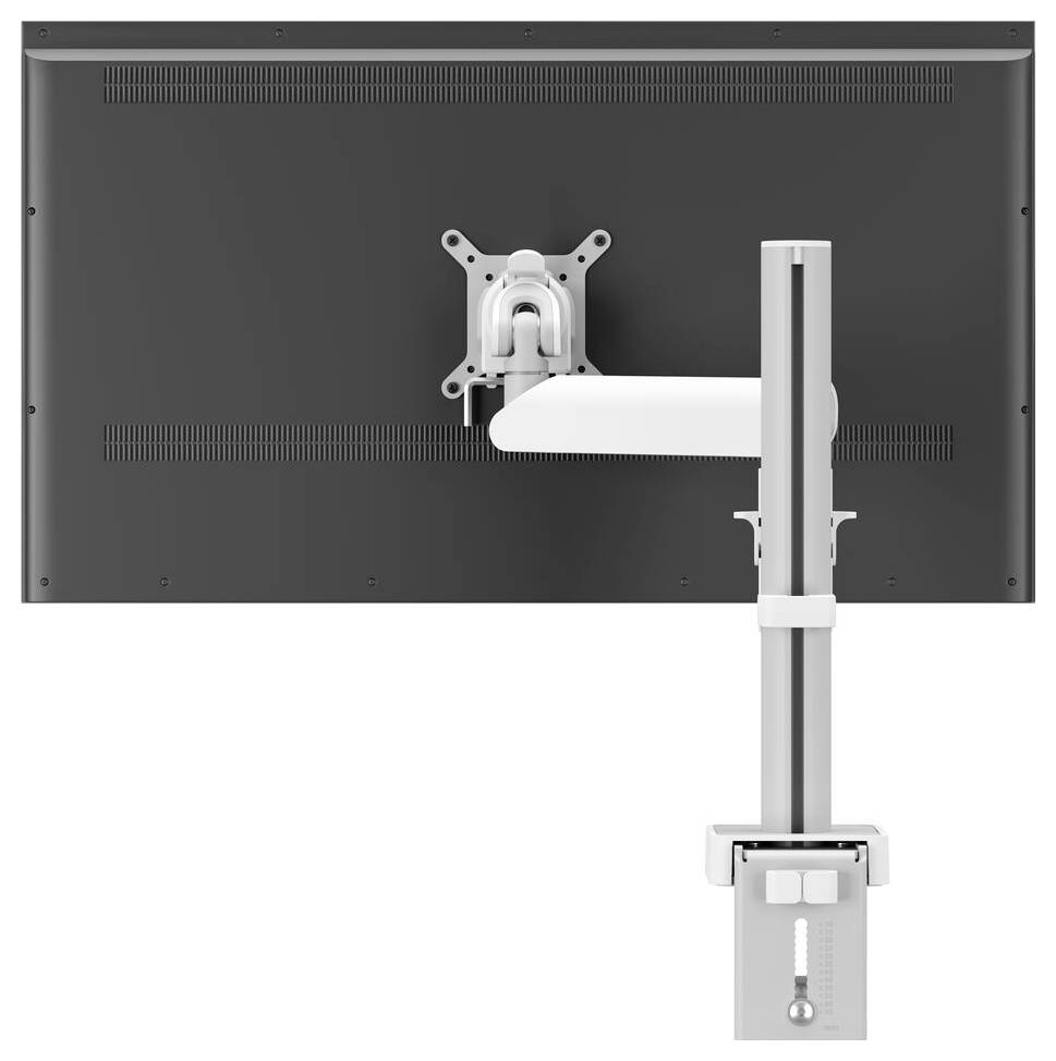 The image shows the rear view of a monitor mounted on an adjustable arm attached to a desk, highlighting its flexible mounting system.