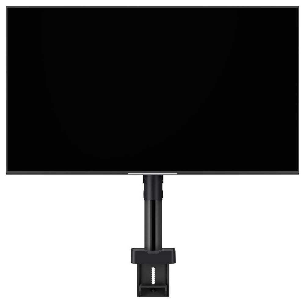 A flat screen monitor mounted on a black adjustable desk arm, displayed against a plain white background.