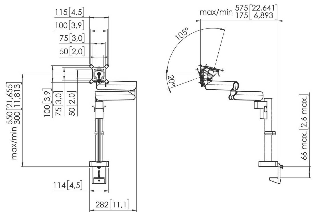 Technical diagram of an adjustable arm with measurements in millimeters and inches. Shows vertical and horizontal position ranges, angles, and mounting details.