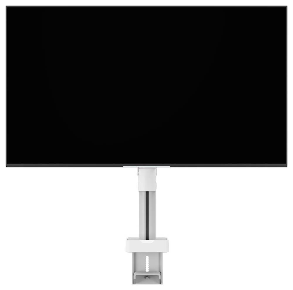A computer monitor with a sleek, adjustable mounting arm attached, shown against a plain white background.