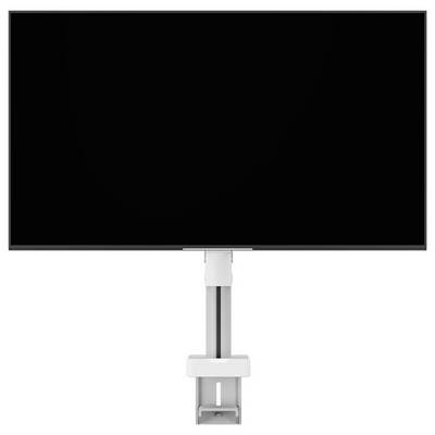 A computer monitor with a sleek, adjustable mounting arm attached, shown against a plain white background.